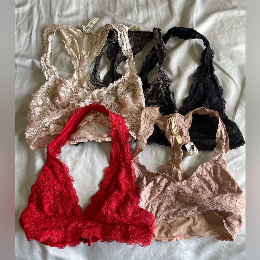 FIVE Free People Galloon Lace Racerback and Halter Bralettes in Pink Red Black